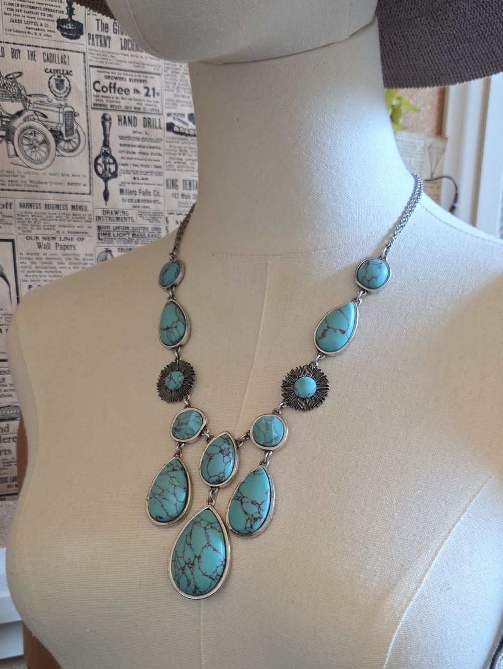 Lucky Brand Silver Faux Turquoise Stone Southwestern Reversible 20" Necklace EUC
